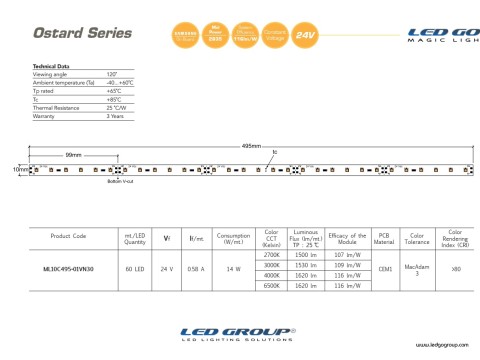 ML10C495-01VN30 | 2835 LEDBAR-50CM-60LED/M-24VDC CEM1 PCB 10mm OSRAM/SAMSUNG LED