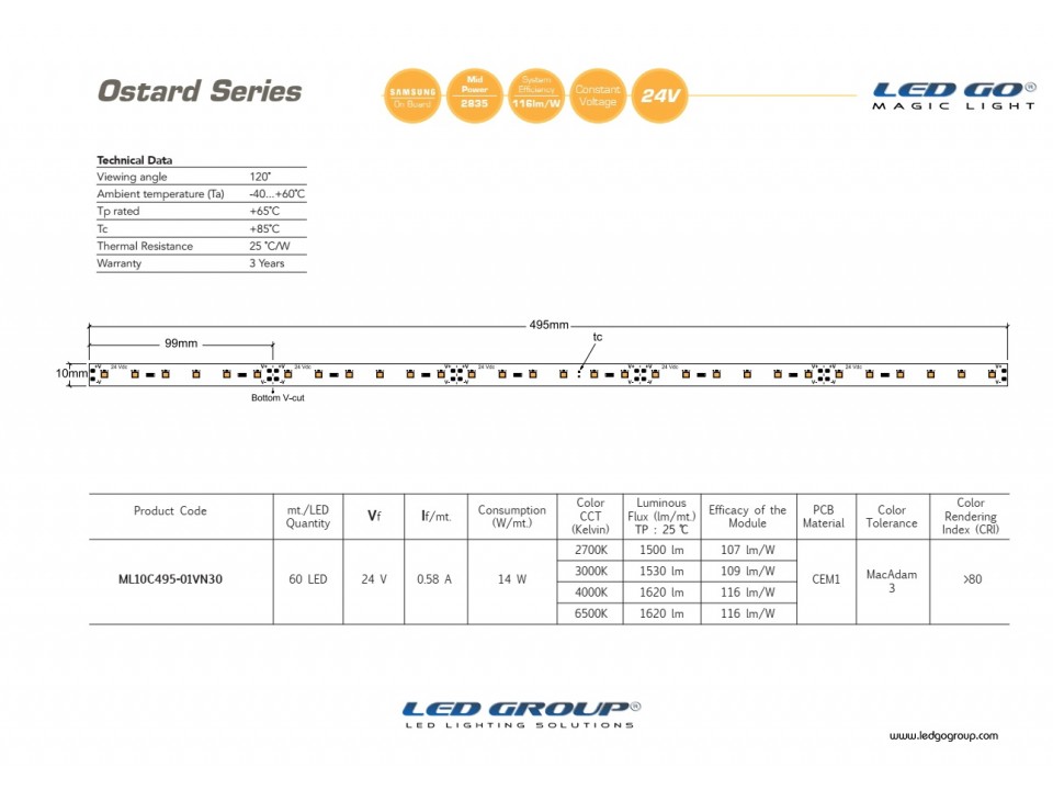 ML10C495-01VN30 | 2835 LEDBAR-50CM-60LED/M-24VDC CEM1 PCB 10mm OSRAM/SAMSUNG LED