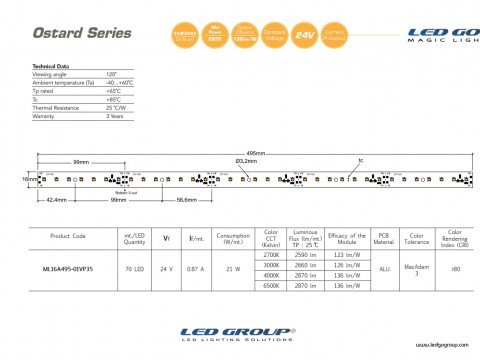 ML16A495-01VP35 | 2835 LEDBAR-50CM-70LED/M-24VDC CEM1 PCB 16mm OSRAM/SAMSUNG LED