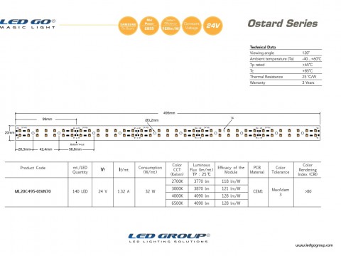 ML20C495-01VN70 | 2835 LEDBAR-50CM-70LED/M-24VDC CEM1 PCB 20mm OSRAM/SAMSUNG LED